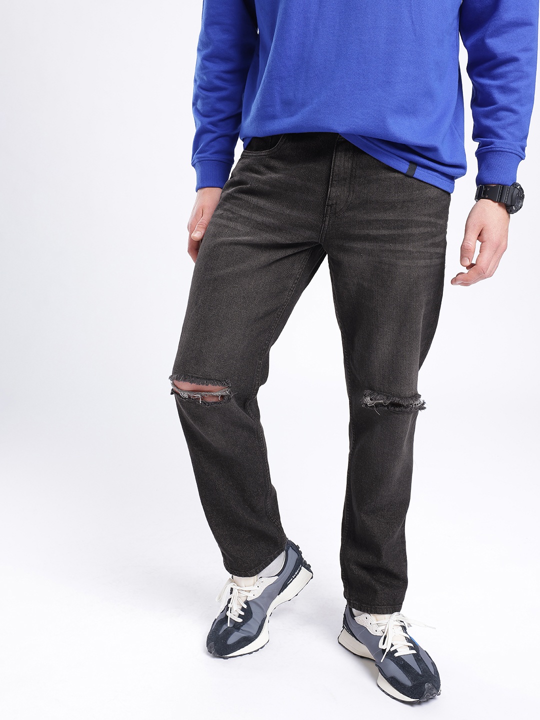 

glitchez Men Classic Slash Knee Straight Fit Jeans, Black
