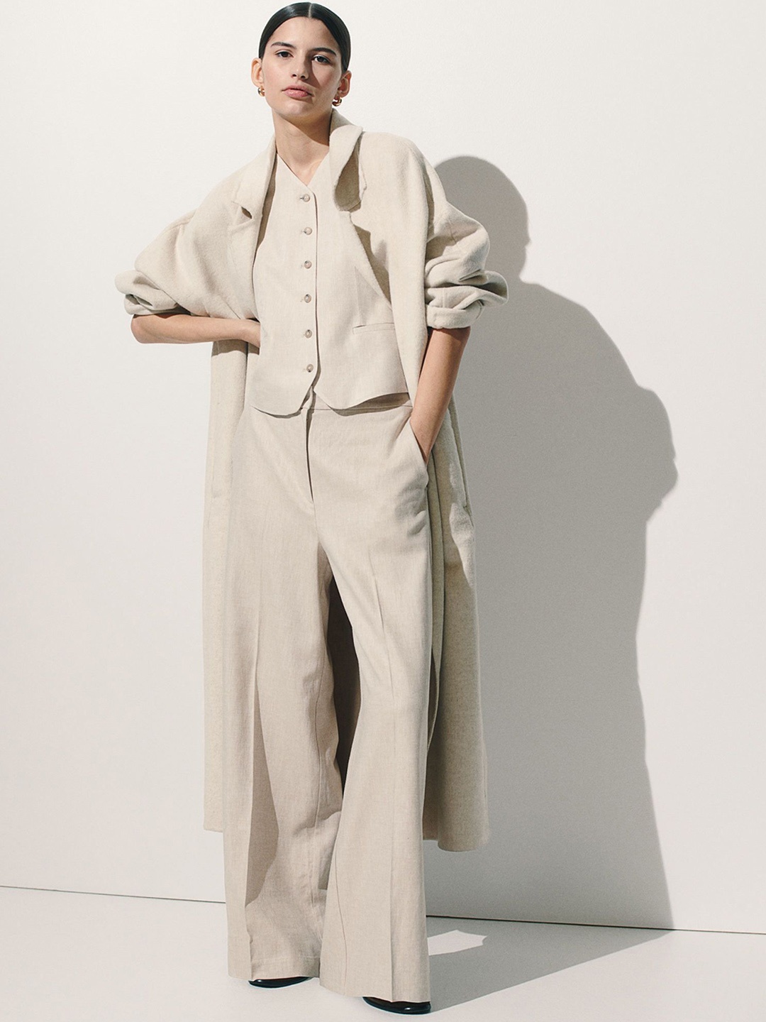 

H&M Wide Linen-Blend Trousers, Beige