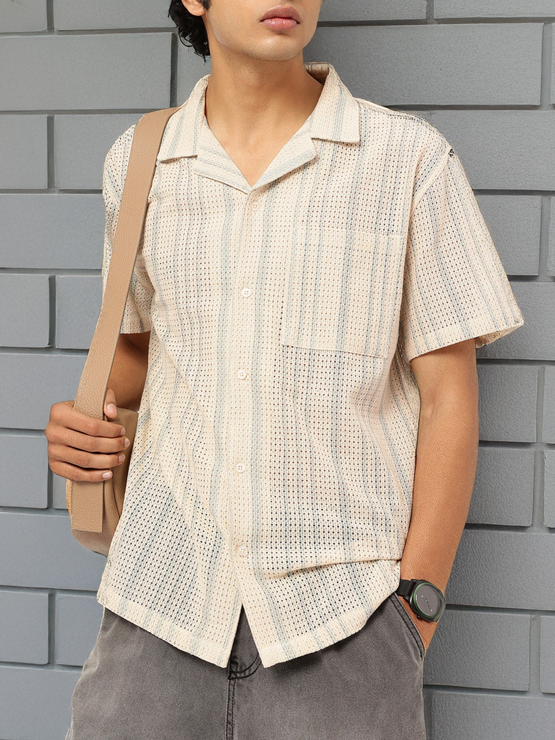 

Kook N Keech Laid-Back Layers Open Knit Striped Relaxed Shirt, Cream