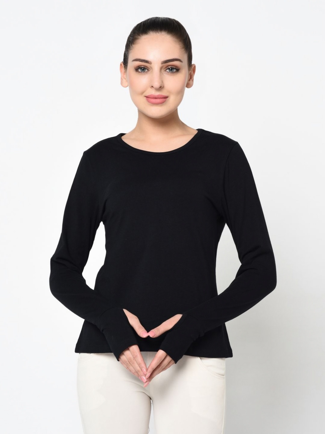 

Metronaut Women Drop-Shoulder Sleeves Monochrome Raw Edge Slim Fit T-shirt, Black