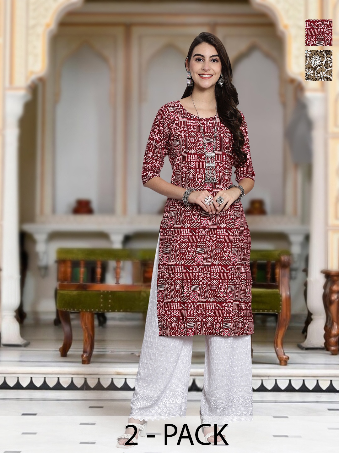 

Moda Rapido Selection Of 2 Geometric Printed Round Neck Straight Kurta, Red