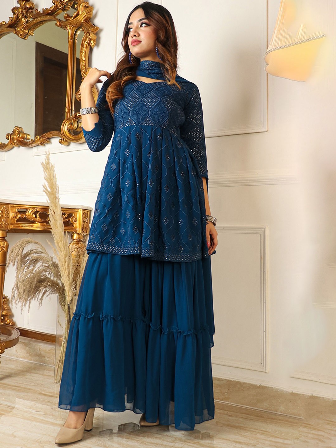 

ADENWEST Ethnic Motifs Embroidered Empire Sequinned Kurta With Sharara & Dupatta, Blue