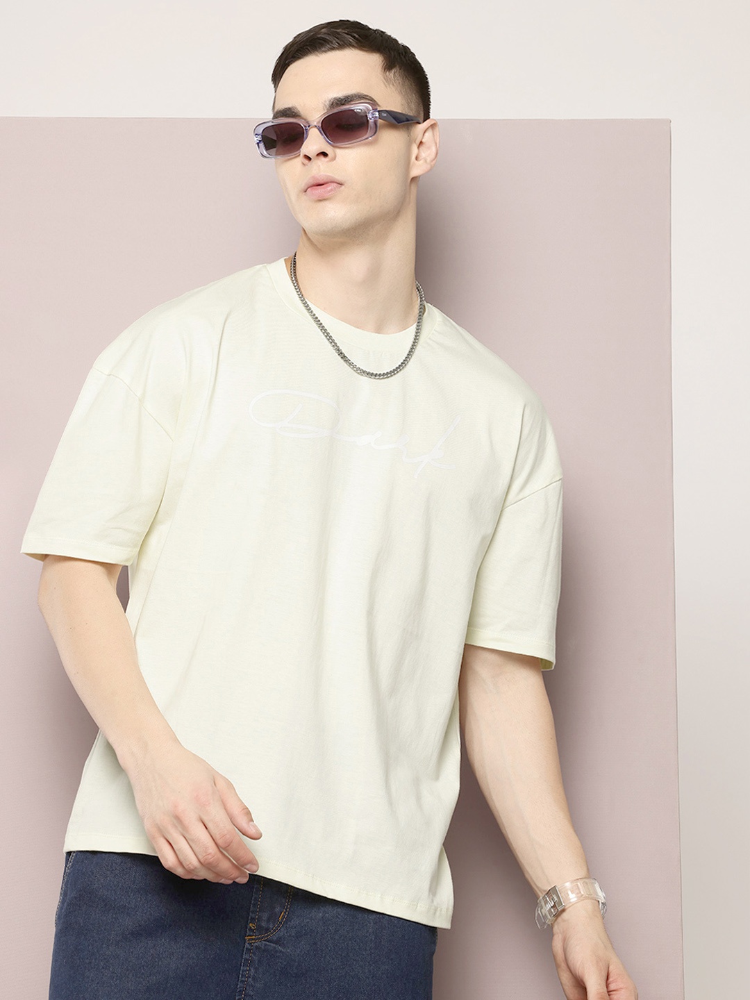 

Kook N Keech Men Typography Printed Oversized Pure Cotton T-shirt, Cream