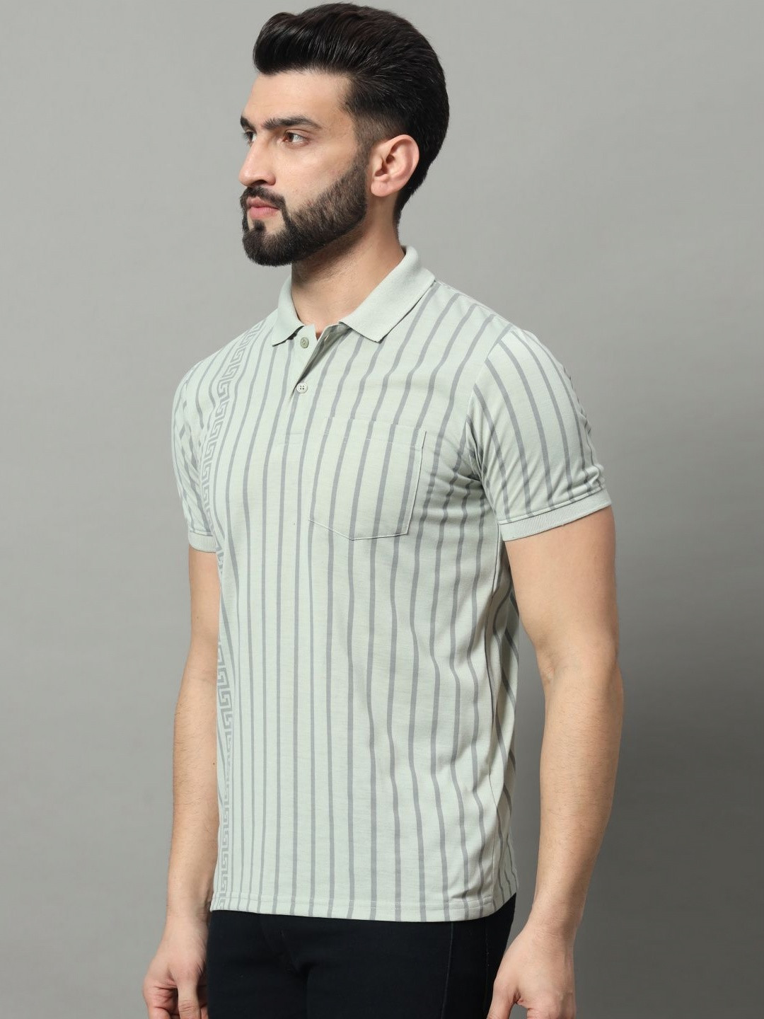 

OGEN Men Striped Polo Collar Pockets T-shirt, Grey