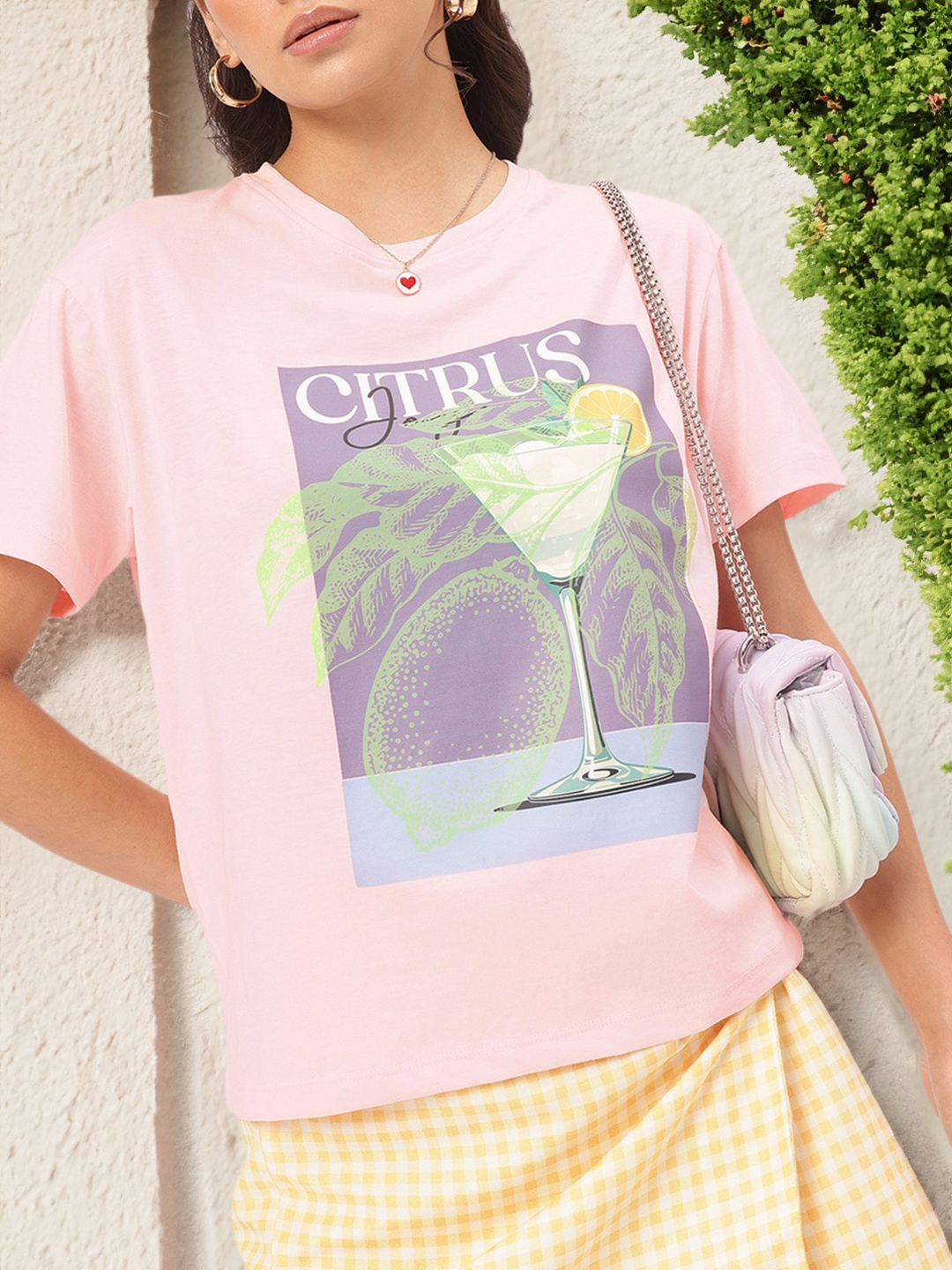 

DressBerry Citrus Circuit Printed Relaxed Fit T-shirt, Pink