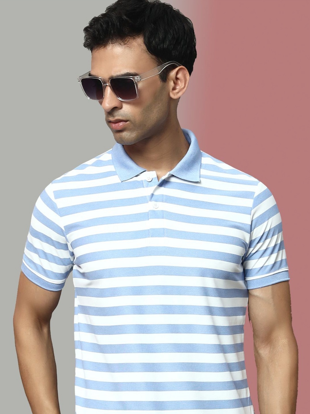 

OGEN Men Striped Polo Collar Pockets T-shirt, Blue