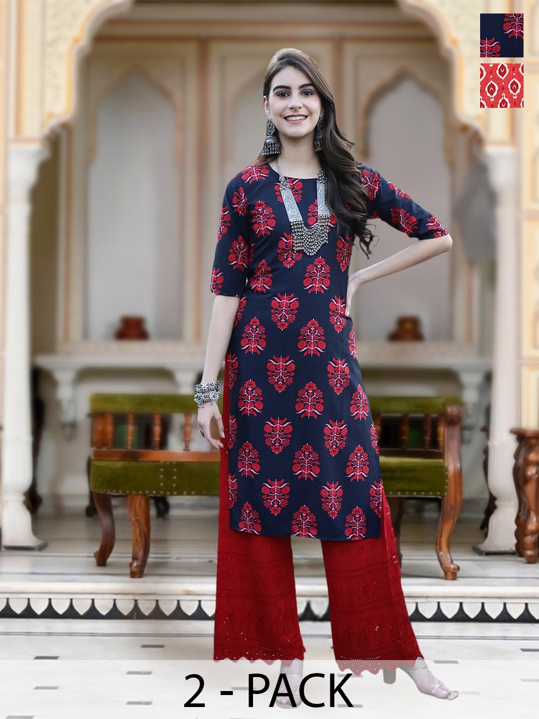 

Moda Rapido Selection Of 2 Floral Printed Round Neck Straight Kurtas, Navy blue