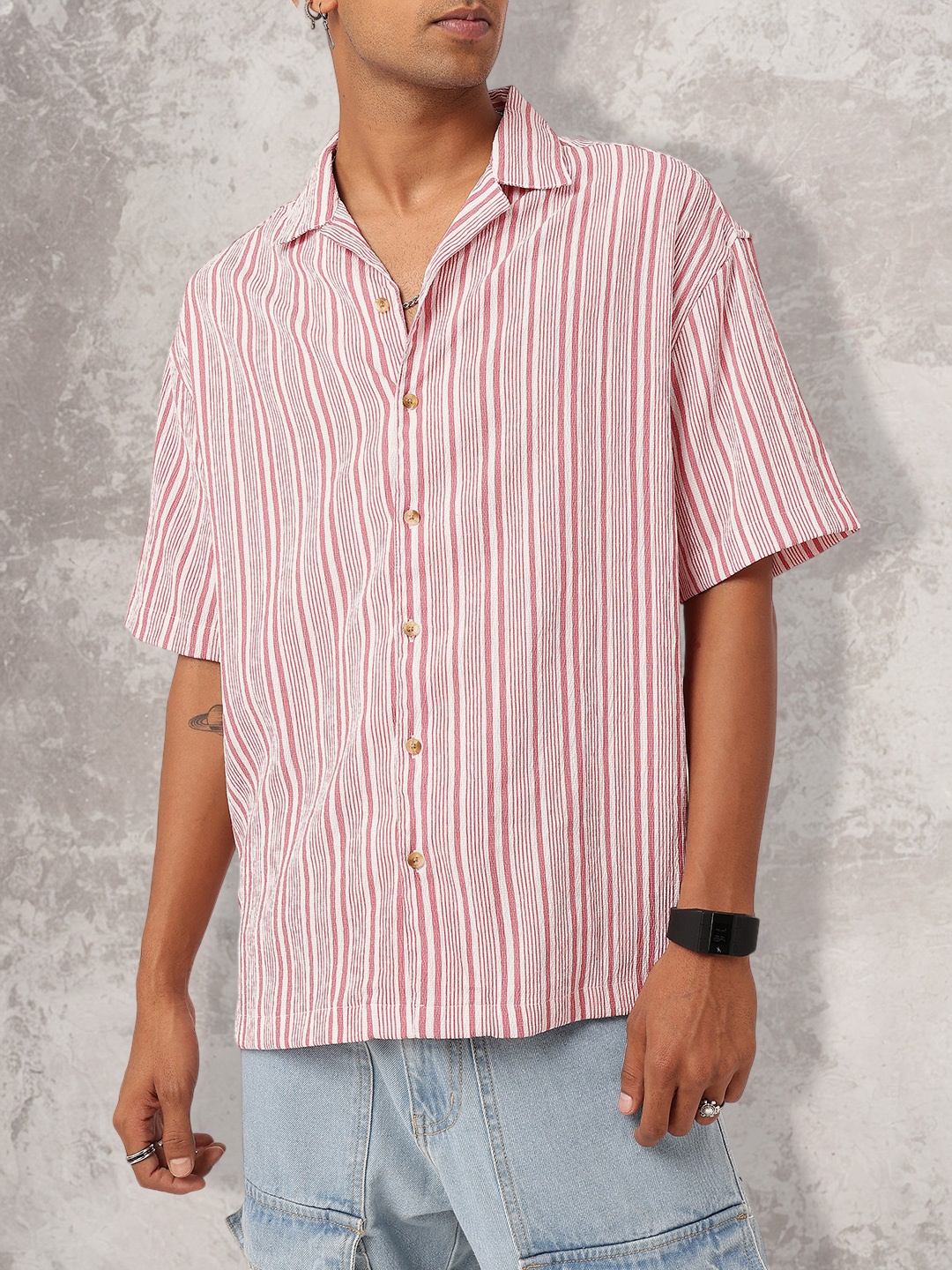 

WROGN Refined Feel Vertical Striped Textured Seersucker Oversized Shirt, White