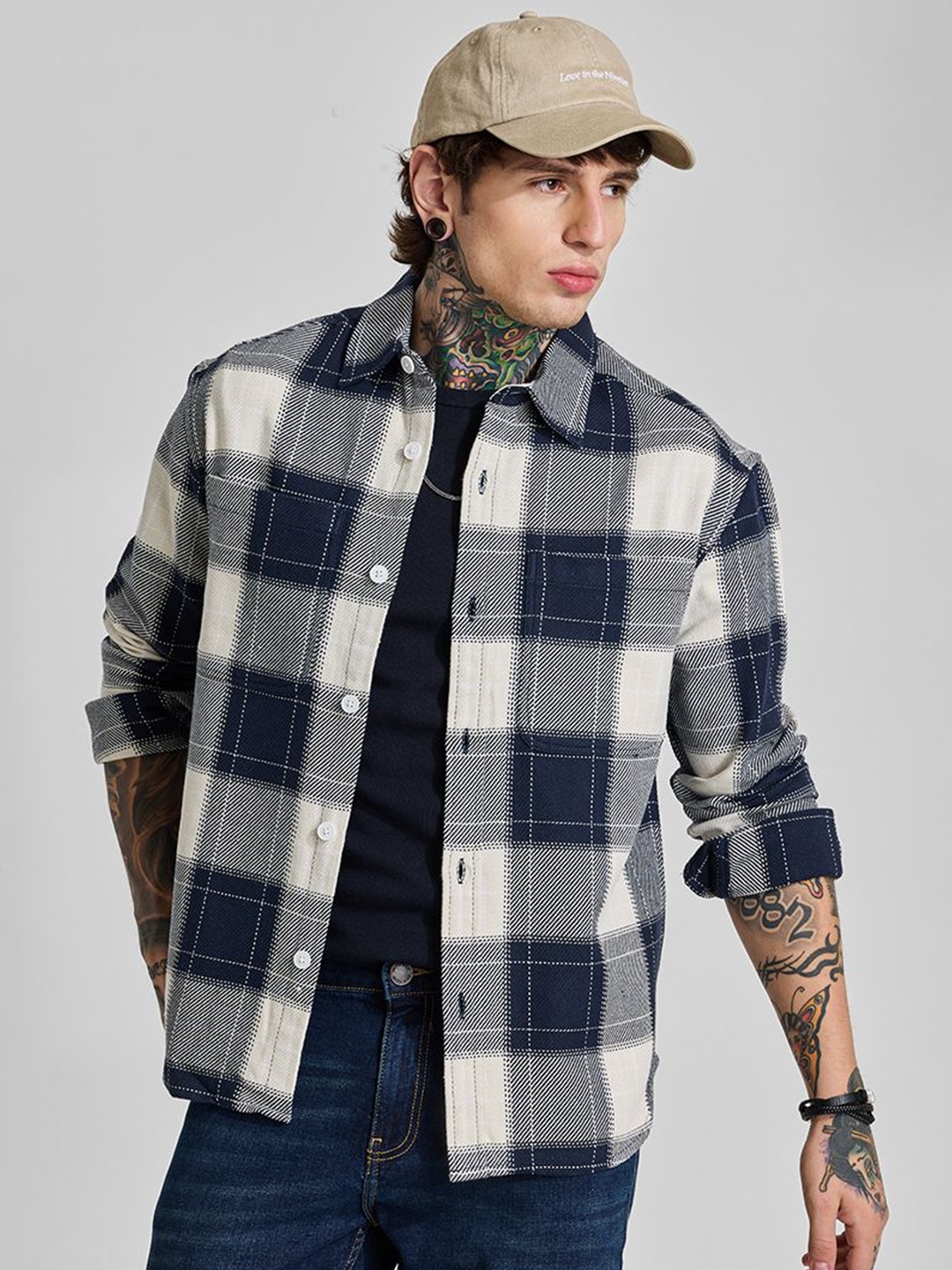 

Snitch Men Opaque Checked Casual Shirt, Navy blue