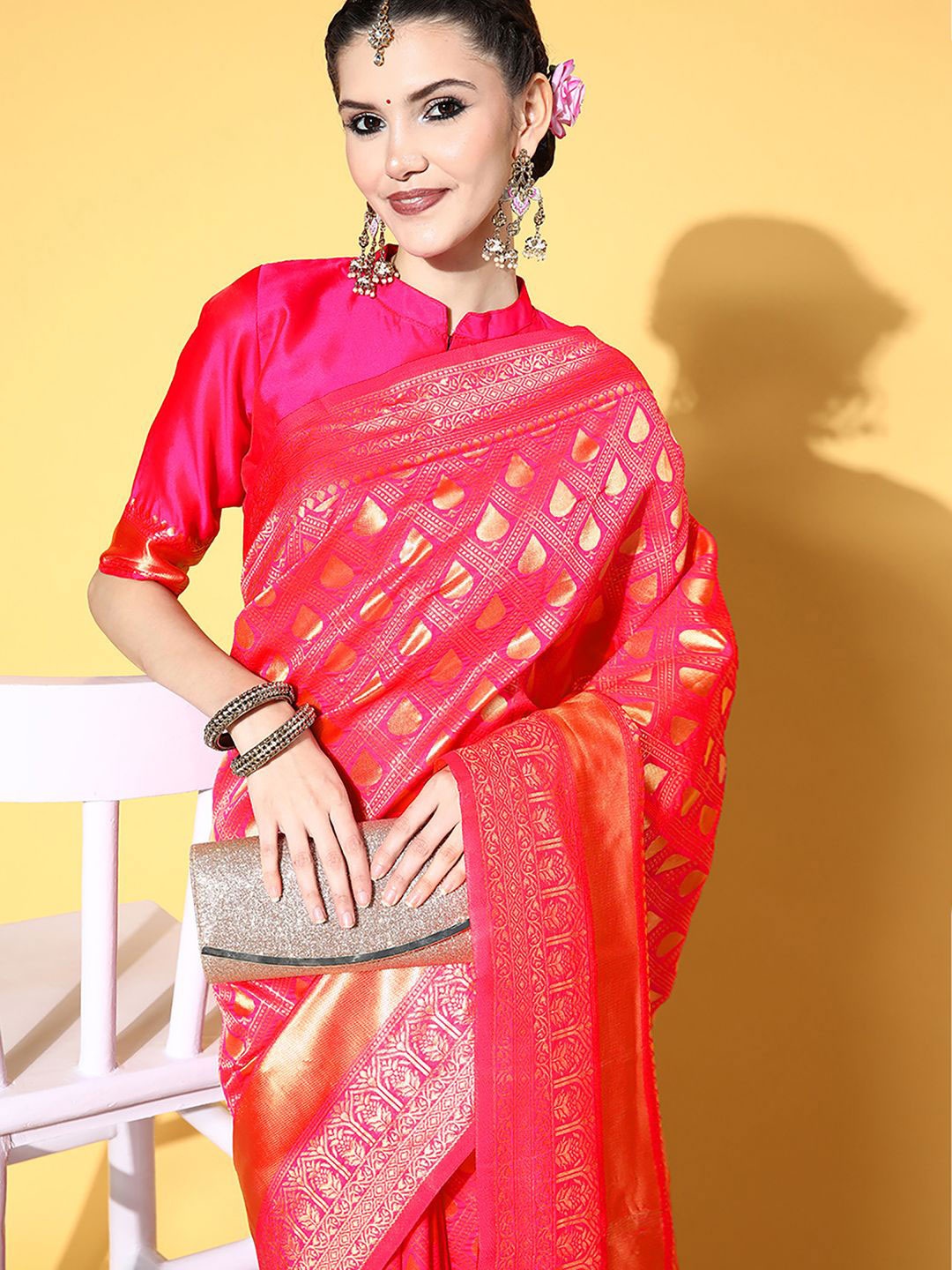 

Anouk Rustic Woven Design Zari Silk Blend Dharmavaram Saree, Pink