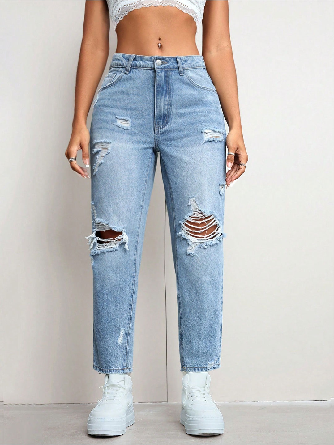 

HIGH BUY Women High-Rise Highly Distressed Heavy Fade Jeans, Blue