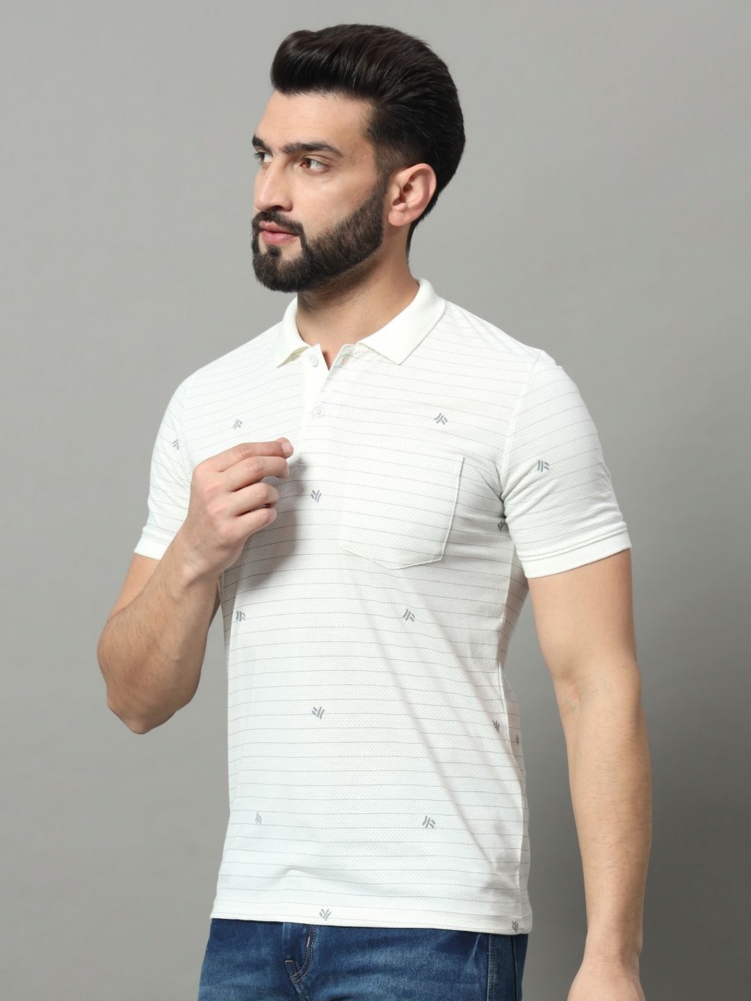 

OGEN Men Striped Polo Collar Applique T-shirt, White