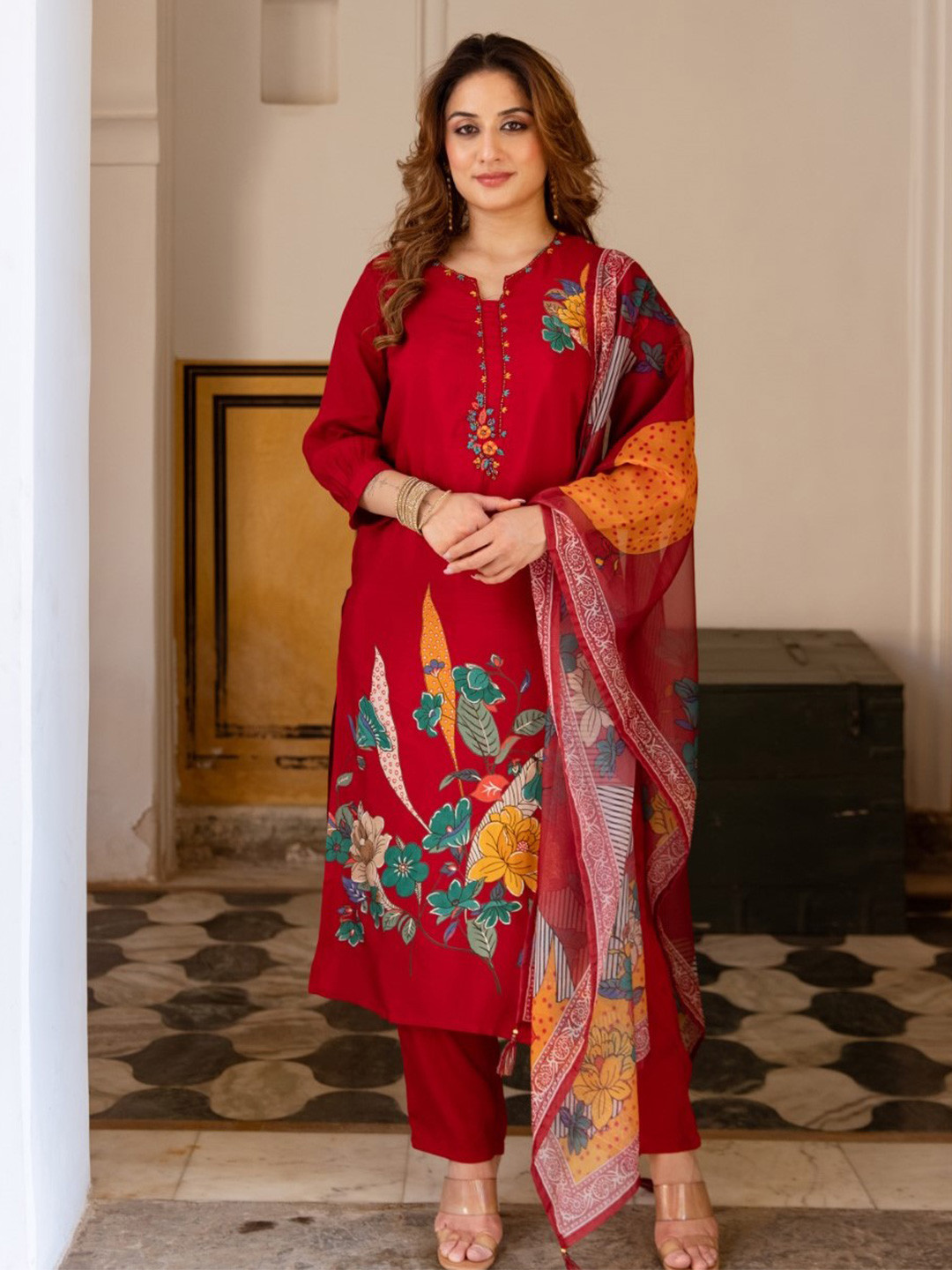 

AUTUMN LANE Floral Printed Notch Neck Straight Kurta With Trouser & Dupatta, Red