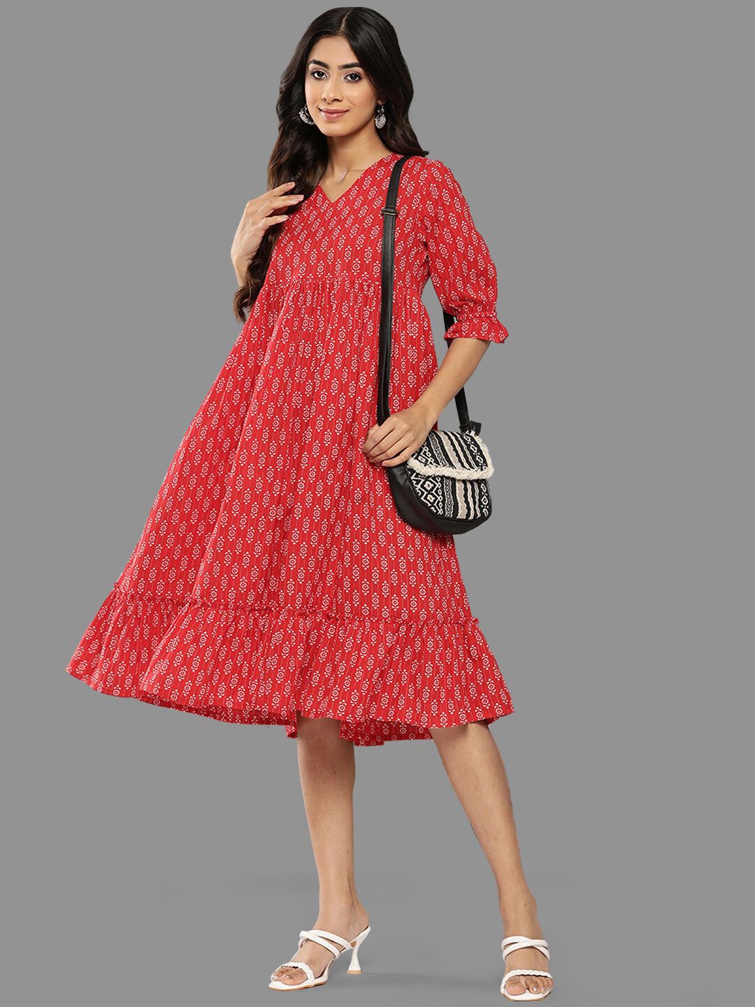 

KALINI Ethnic Motifs Puff Sleeve Fit & Flare Midi Dress, Red