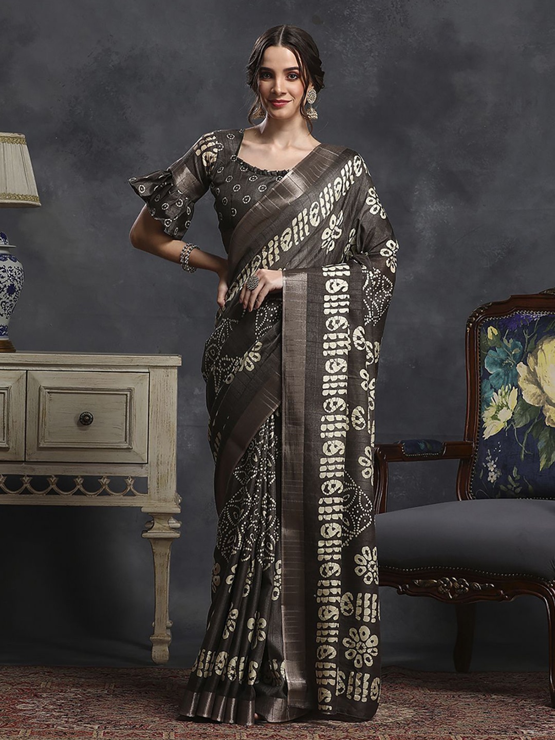 

Anouk Rustic Paisley Zari Silk Blend Sungudi Saree, Brown