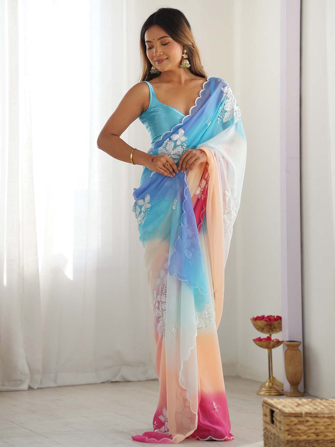 

Anouk Ombre Sequinned Pure Georgette Saree, Blue