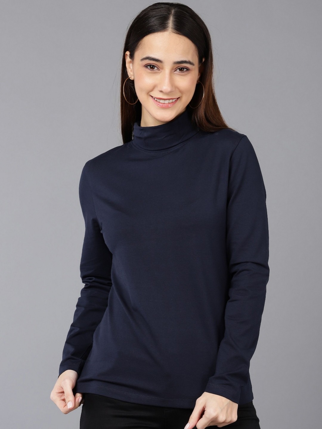 

Metronaut Women High Neck Indigo Pockets Slim Fit T-shirt, Navy blue