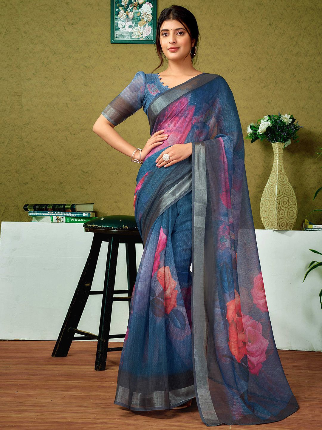 

all about you Floral Zari Pure Linen Ready to Wear Saree, Navy blue