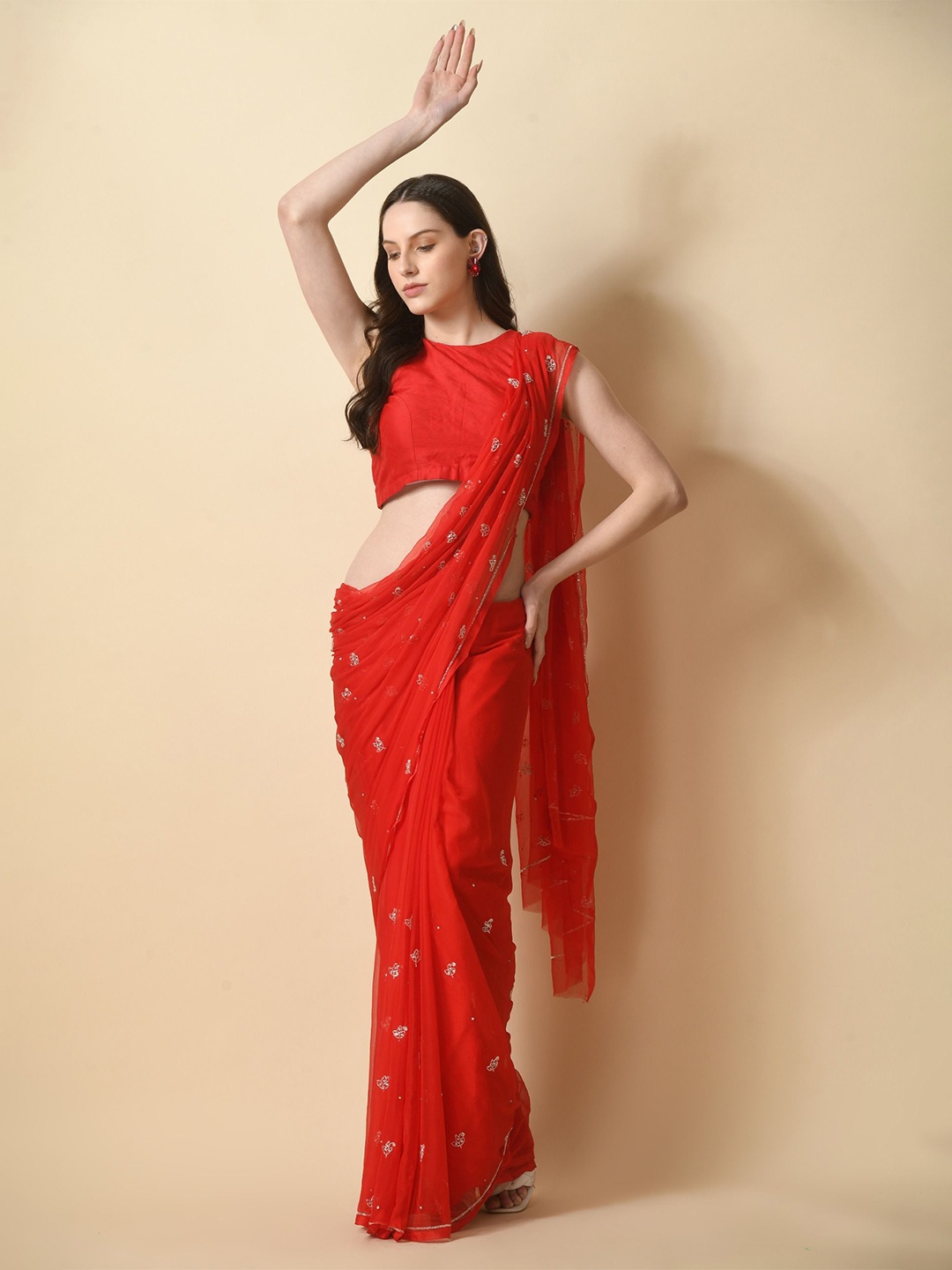 

House of Chiffon Red Jag Mag Sitara Buti Chiffon Saree