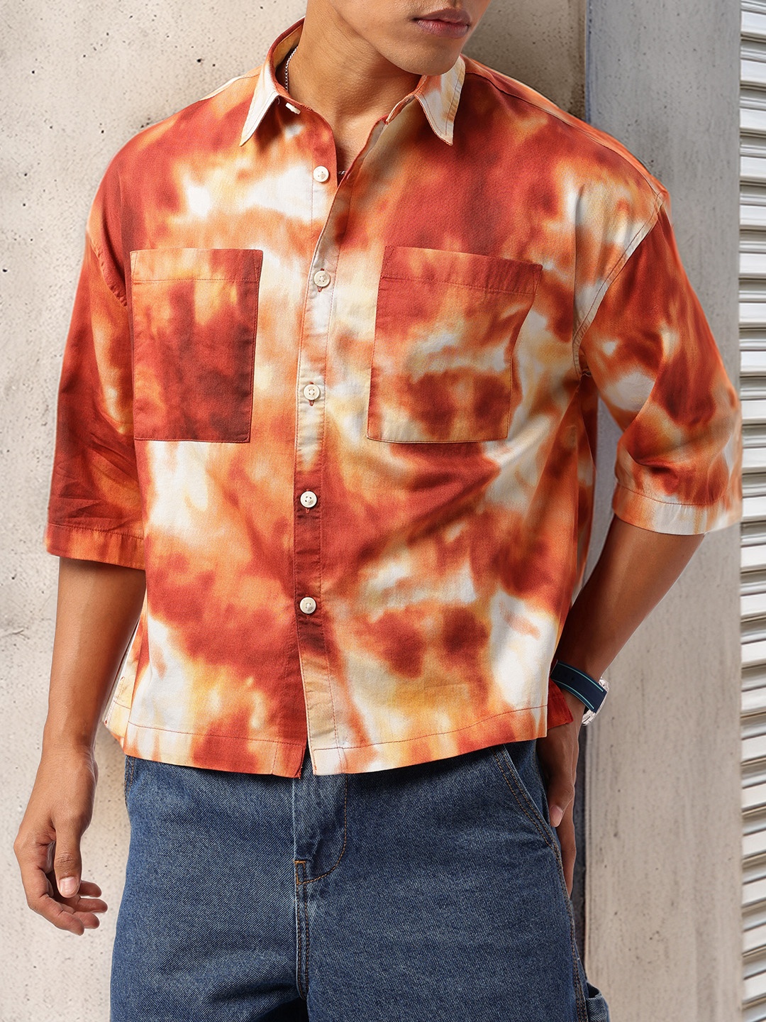 

Kook N Keech Urban Street Vibe Spread Collar Dyed Boxy Fit Shirt, Rust