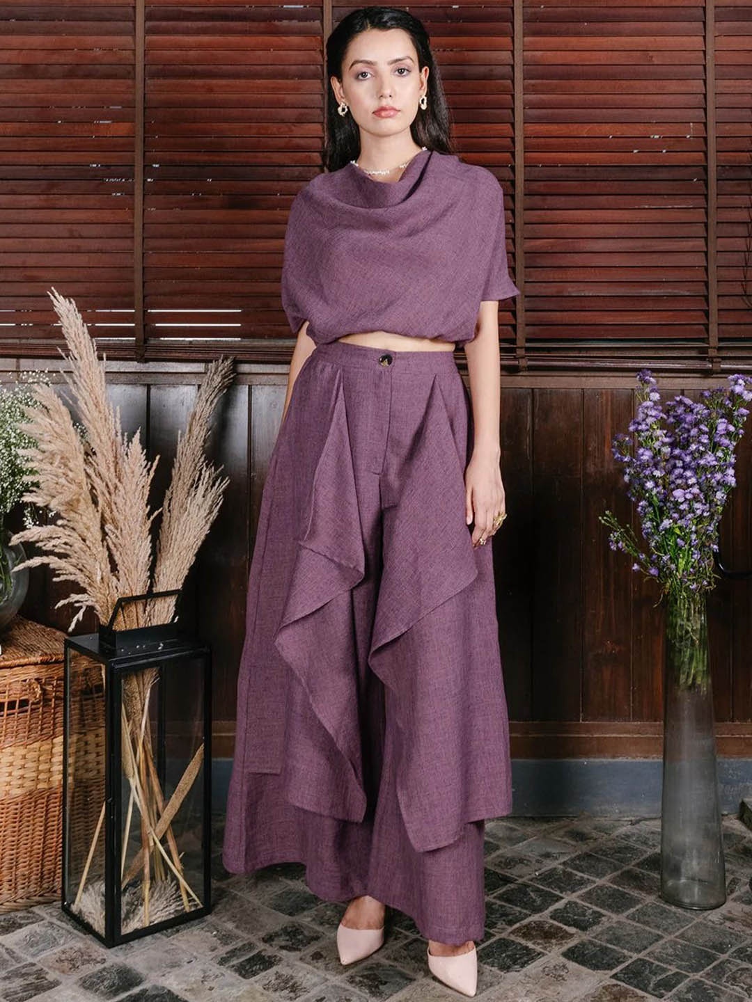 

HOUSE OF FETT Cowl Neck Linen Top With Drape Palazzos, Purple