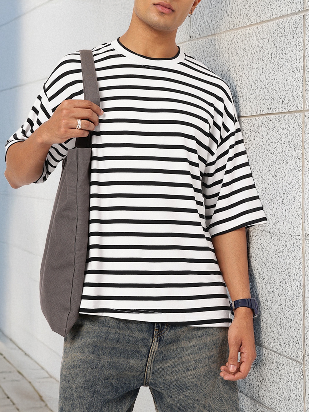 

Kook N Keech Laid Back Luxe Monochrome Striped Oversized T-shirt, White