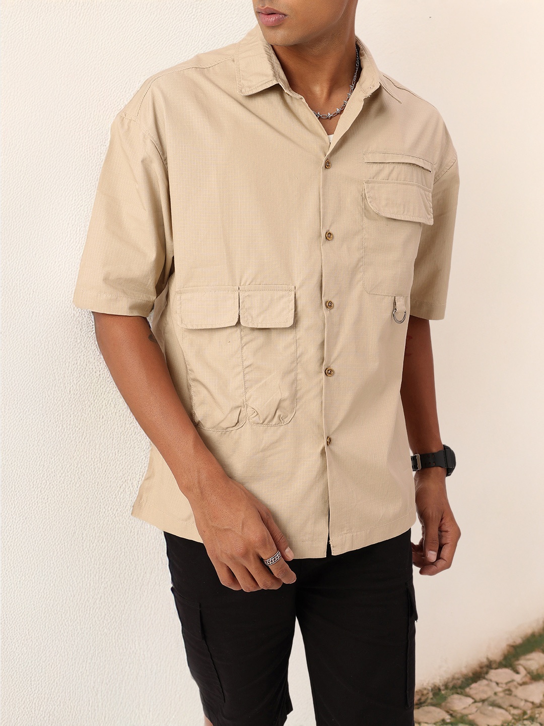 

Kook N Keech City Self Checked Relaxed Fit Flap Pocket Shirt, Beige