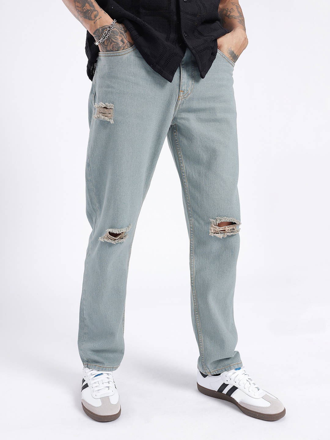 

glitchez Men Street Edge Relaxed Fit Mildly Distressed Jeans, Blue