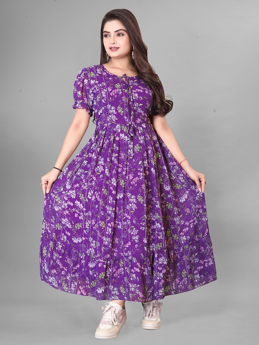 

KRISHTI CREATION Floral Print Puff Sleeve Georgette Fit & Flare Maxi Dress, Purple