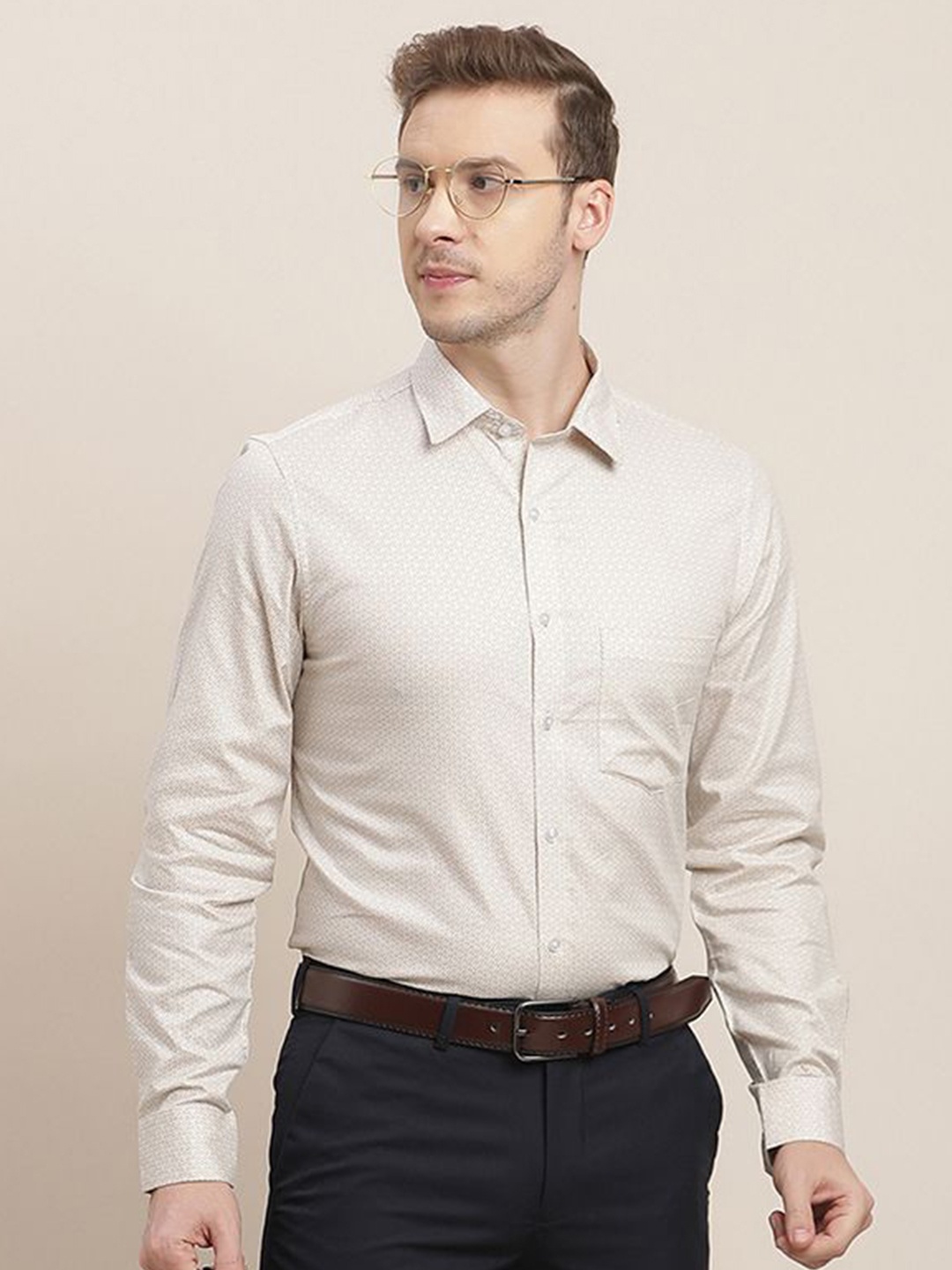 

Turtle Men Classic Opaque Printed Formal Shirt, Beige