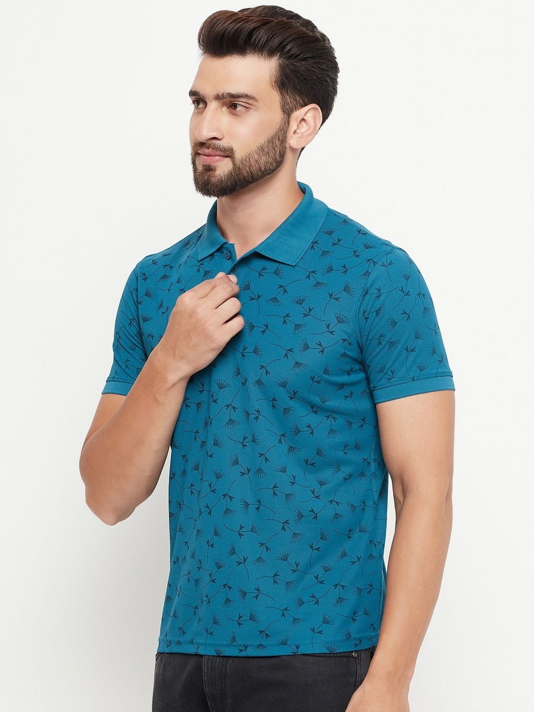 

OGEN Men Floral Printed Polo Collar Pockets T-shirt, Teal