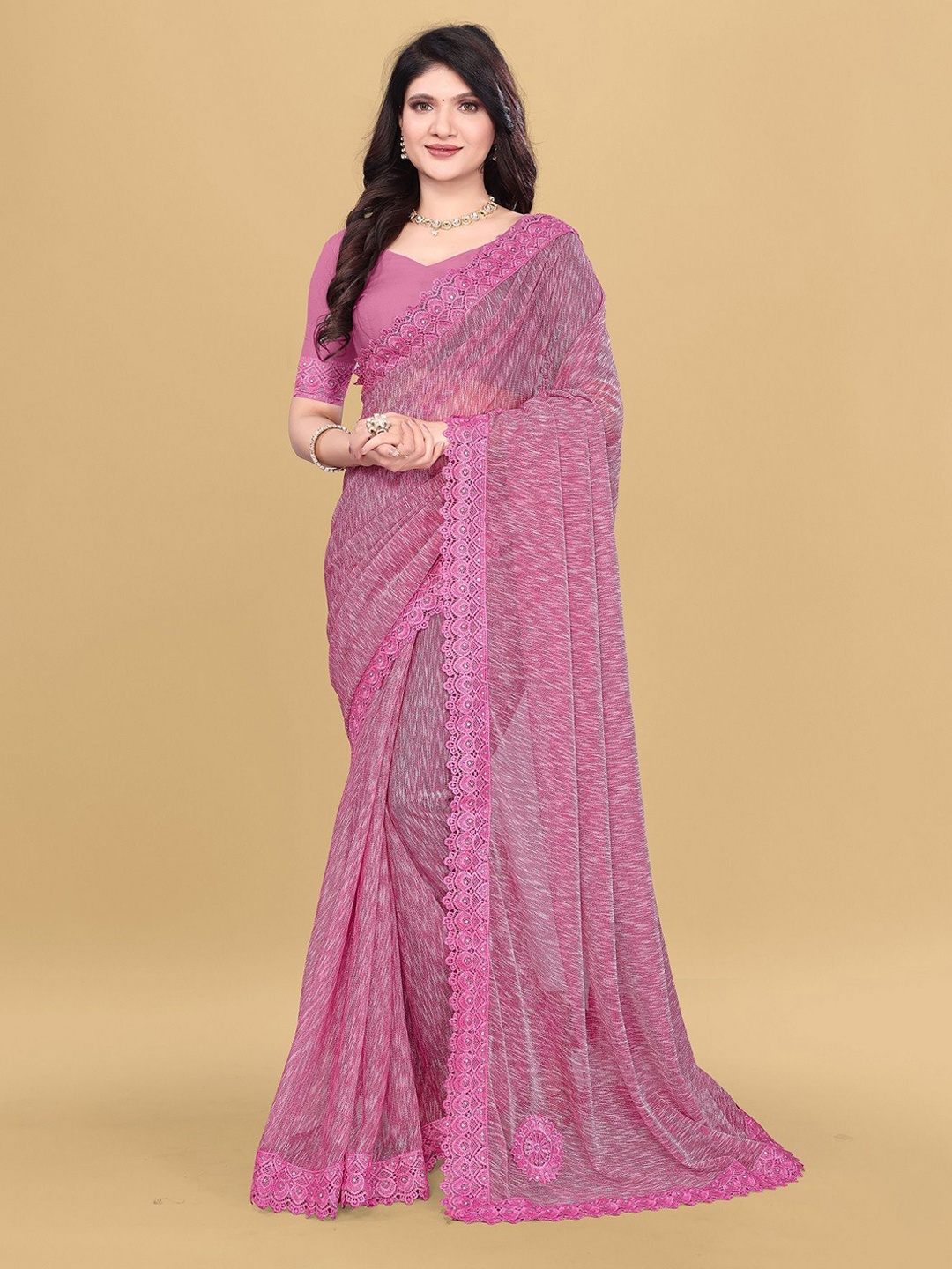 

LADY SHOPI Embellished Beads and Stones Saree, Coral