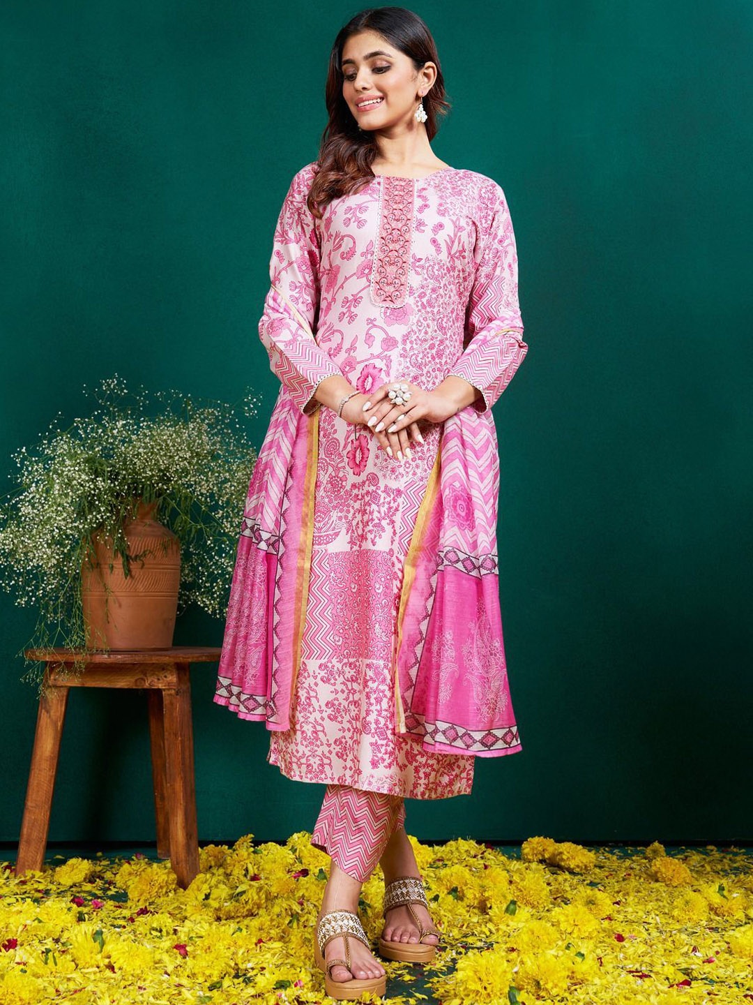 

Anouk Floral Printed Thread Work Round Neck Kurta With Trousers & Dupatta, Pink