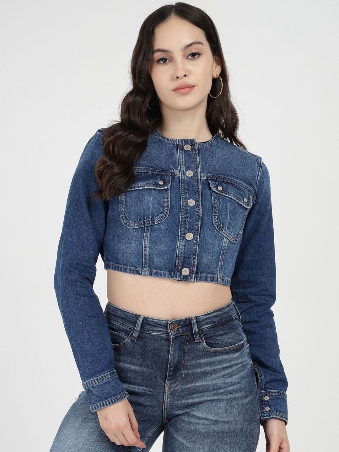 

GUESS Women Washed Denim Jacket with Patchwork, Blue