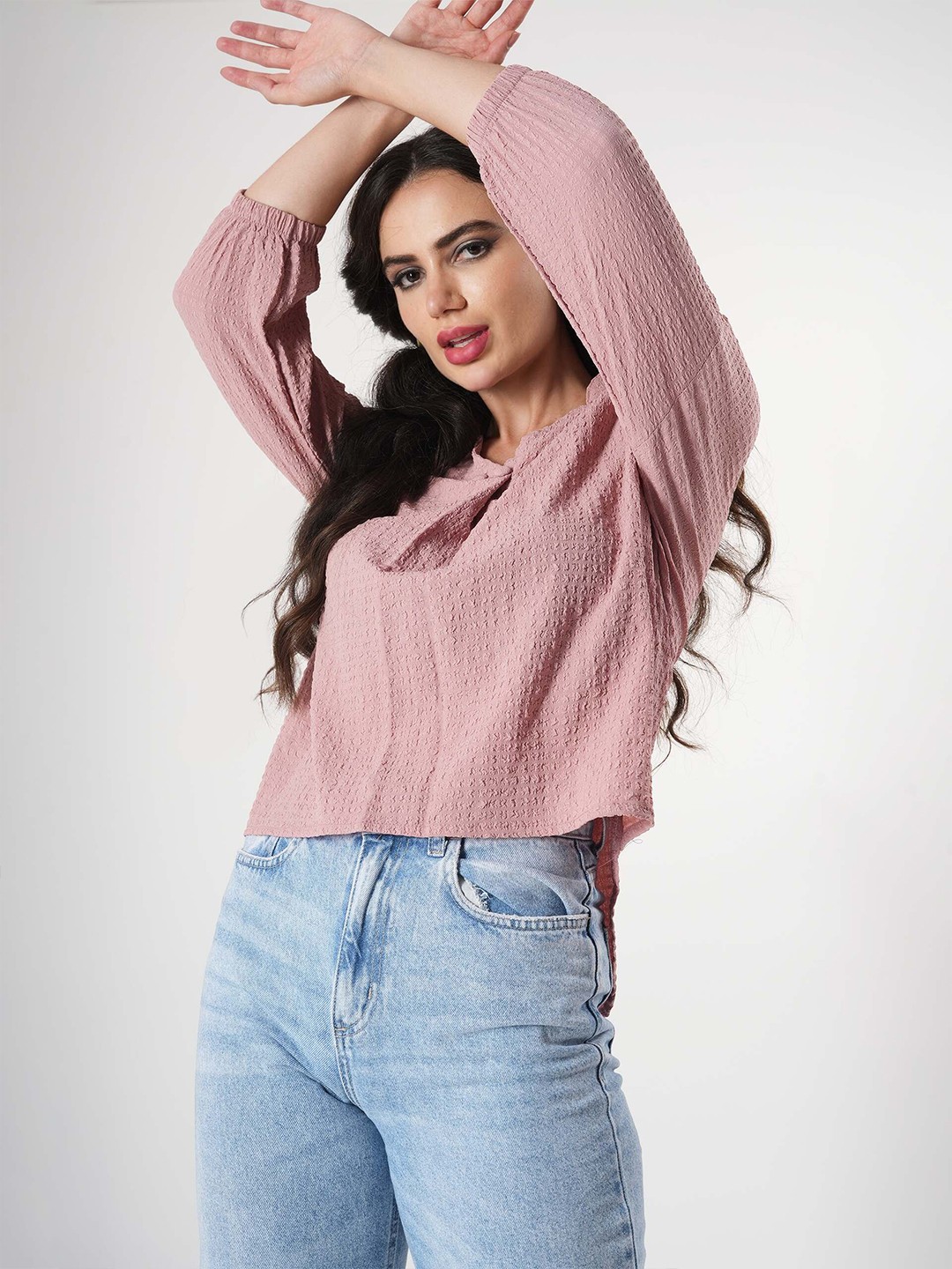 

clobug Print Mandarin Collar Crepe Top, Pink