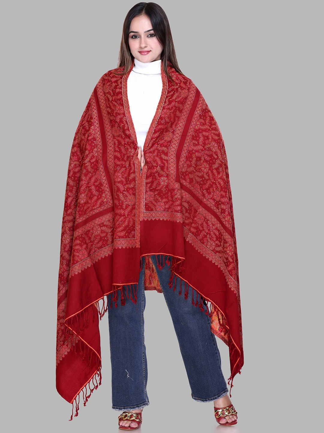 

Tones-N-Shades Floral Woven Design Shawl, Red