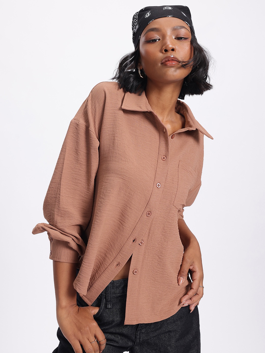 

glitchez Classic Chic Textured Relaxed Fit Shirt, Brown