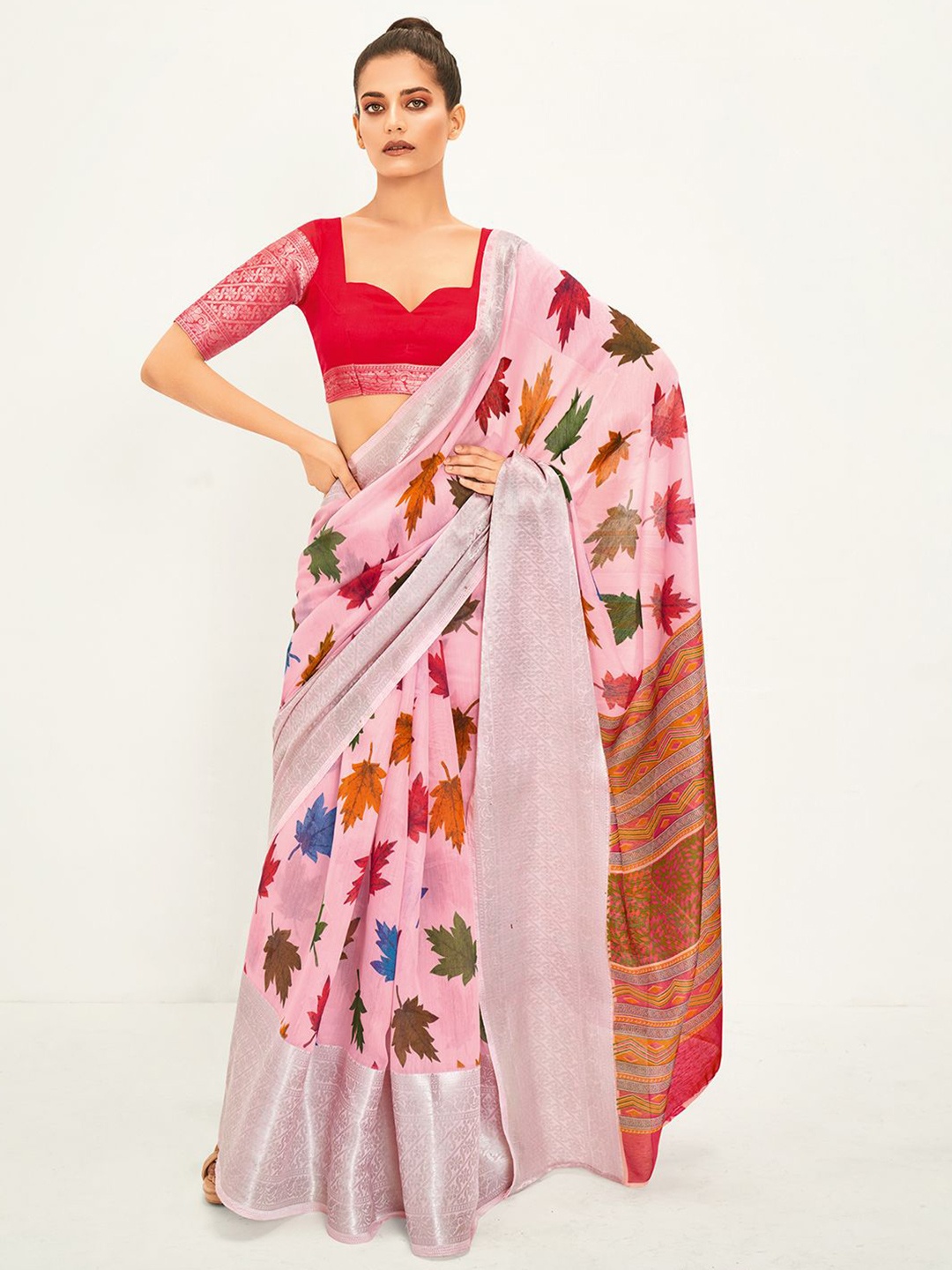 

Anouk Rustic Floral Zari Chanderi Saree, Pink