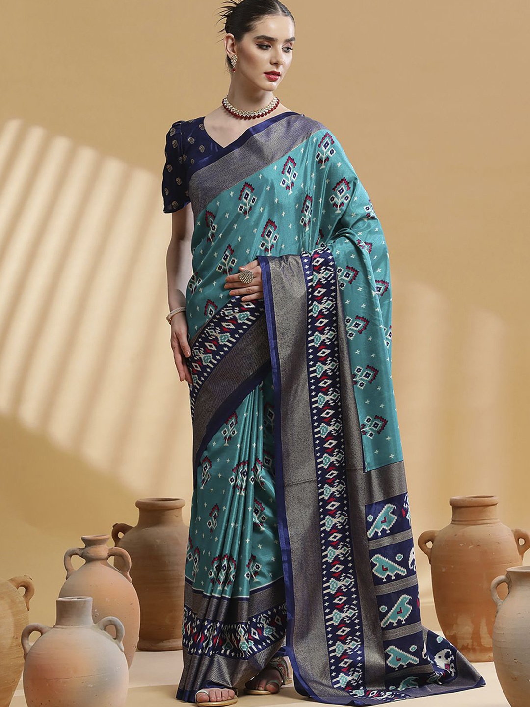 

Anouk Rustic Zari Silk Blend Ikat Saree, Blue