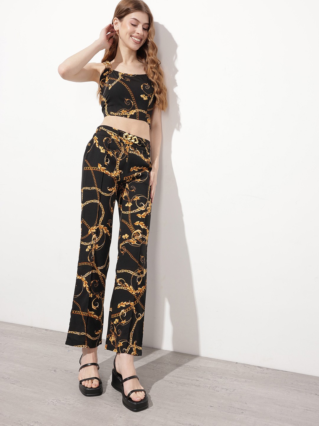 

DressBerry Glam Bold Poise Chunky Chain & Leafy Glam Straight Fit Trousers, Black