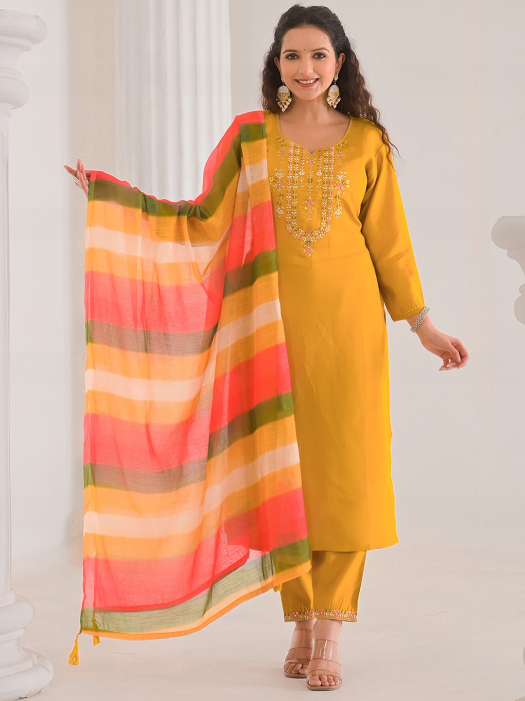 

Meena Bazaar Embroidered Thread Work Notch Neck Kurta With Trousers & Dupatta, Mustard