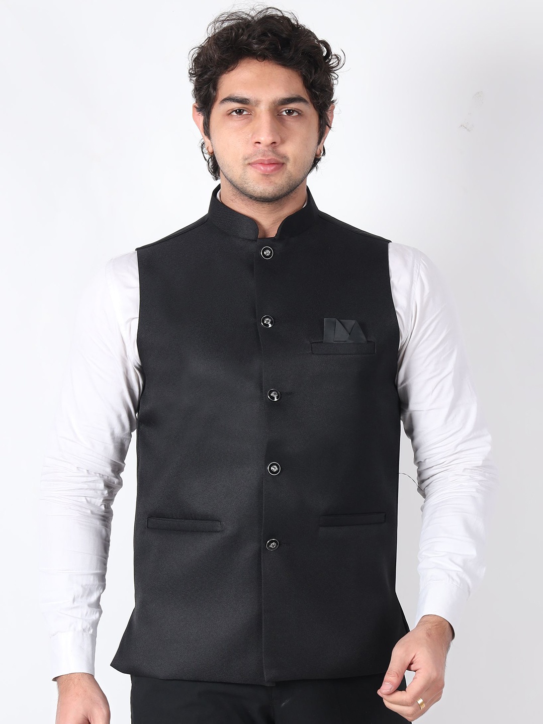 

BUZZIC FASHION UNLIMITED Mandarin Collar Nehru Jacket, Black
