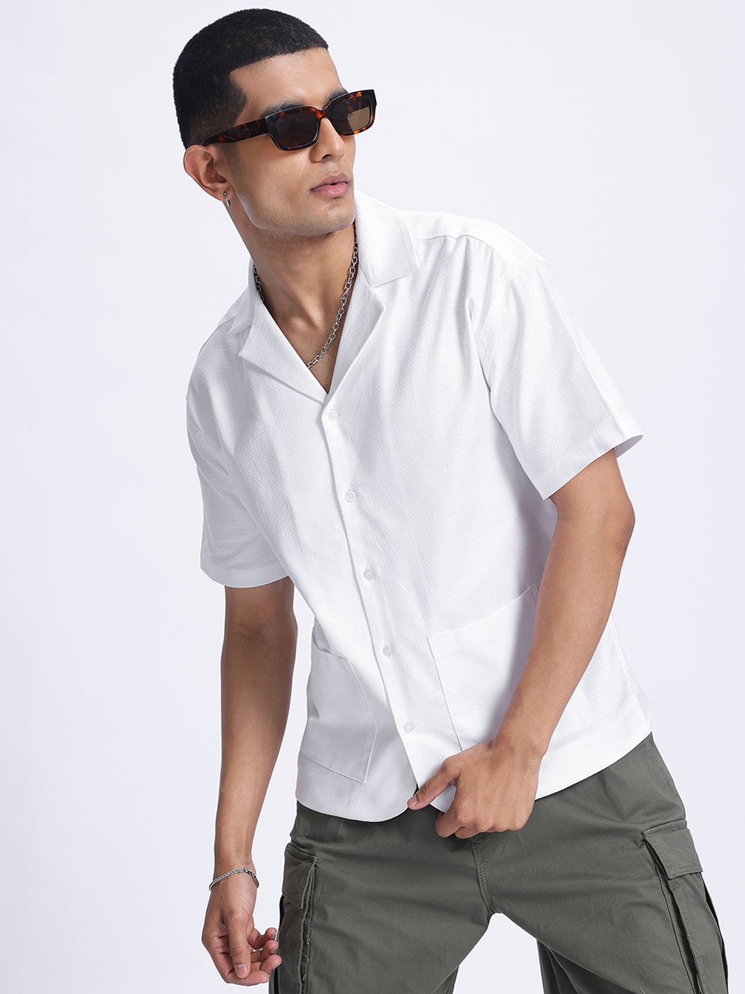 

glitchez Timeless Hues Self-Design Drop-Shoulder Sleeves Oversized Shirt, White