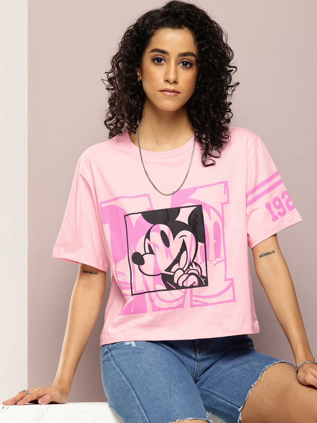 

Kook N Keech Disney Mickey Mouse Printed Drop-Shoulder Sleeves Boxy Pure Cotton T-shirt, Pink