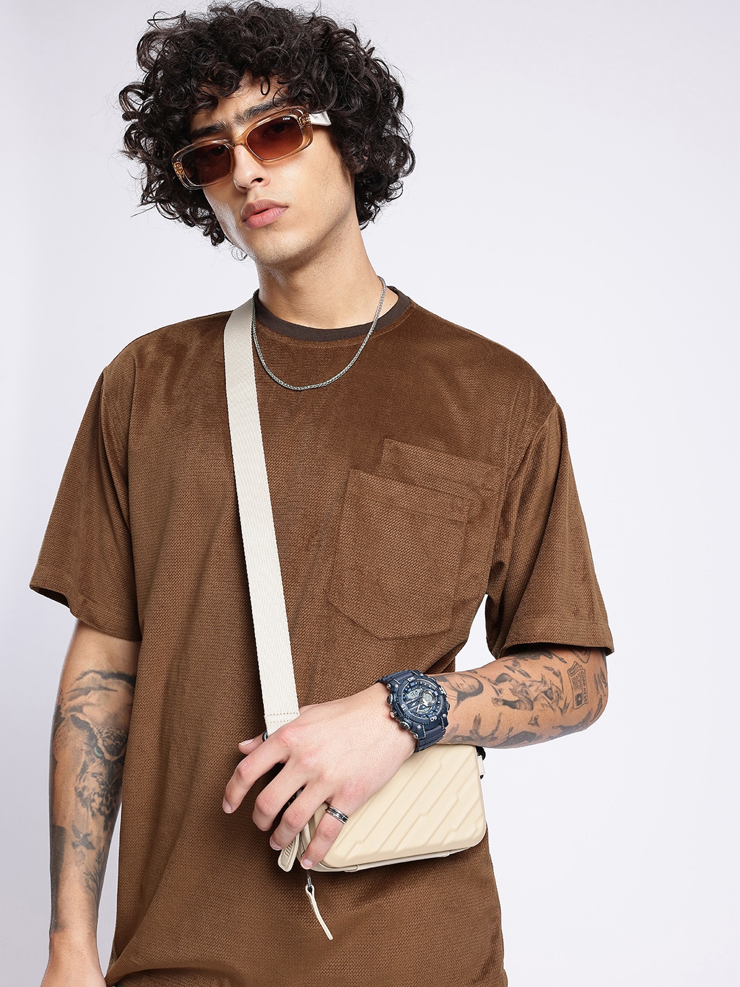 

Kook N Keech Urban Rizz Textured Velvet Finish Oversized Pocket T-shirt, Brown