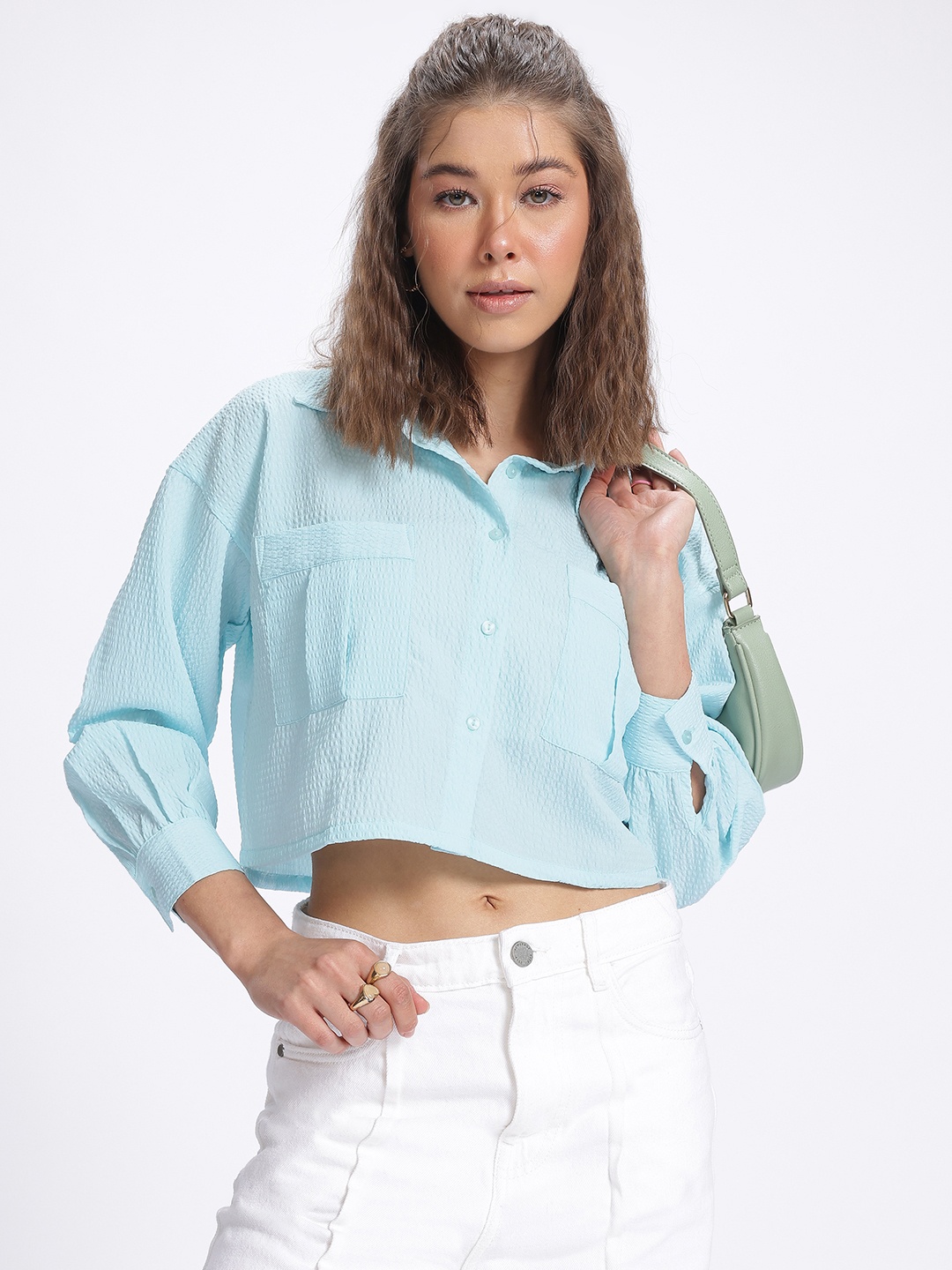 

glitchez Seersucker Relaxed Fit Cropped Shirt, Blue