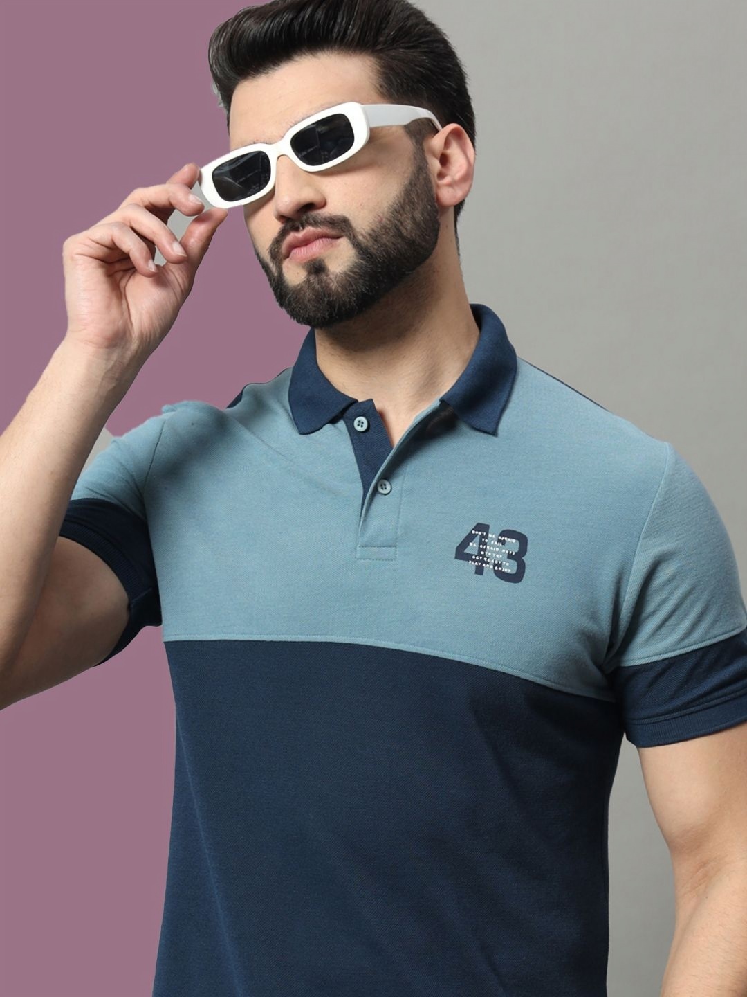 

OGEN Men Colourblocked Polo Collar T-shirt, Navy blue