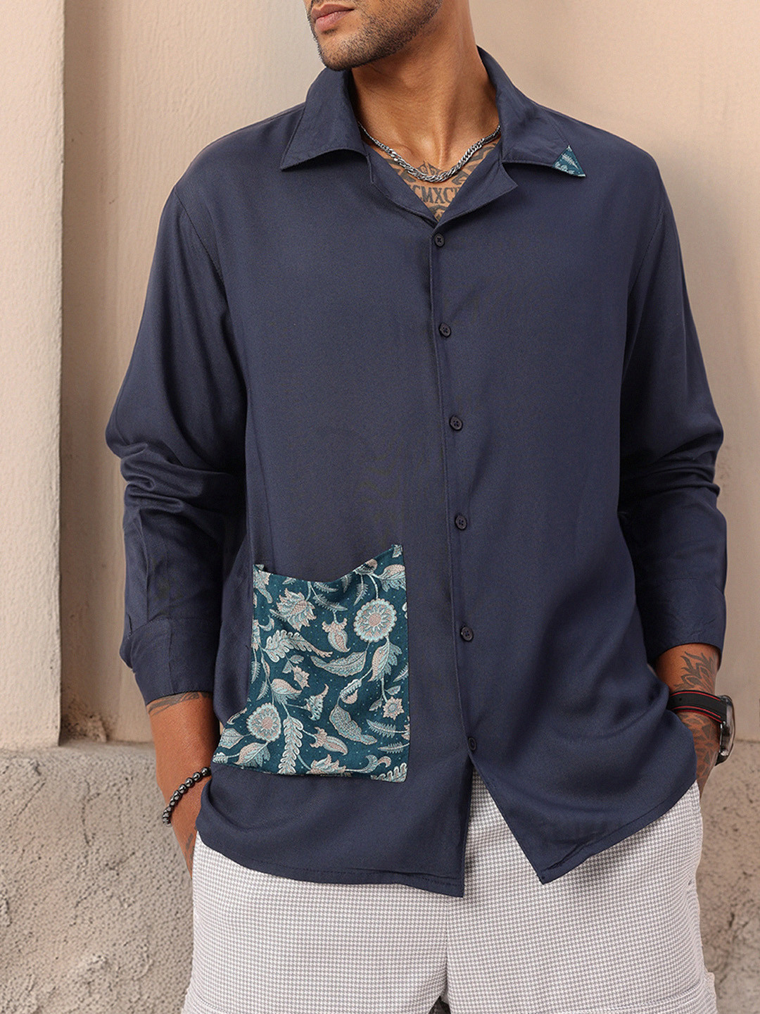 

Kook N Keech Indie Style Printed Patch Pocket Relaxed Fit Shirt, Navy blue