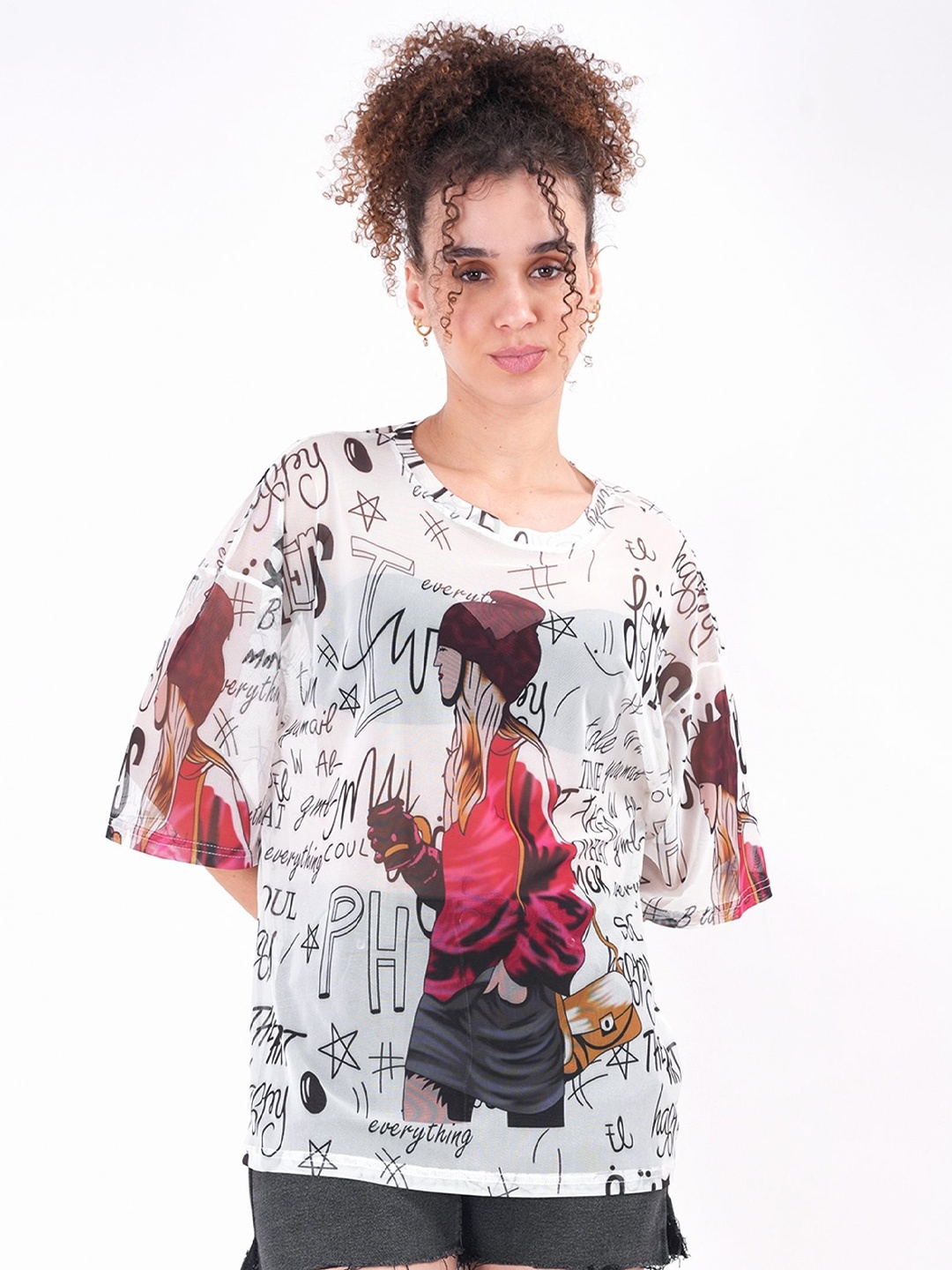 

clobug Floral Print Net Top, White