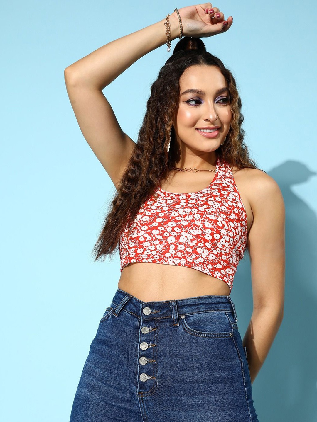 

Berrylush Floral Print Halter Neck Crop Top, Red